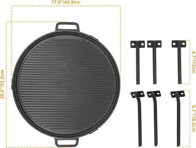 Onlyfire Cast Iron Griddle, Grill Cookware for Solo Stove Bonfire 19.5" Fire Pit and Yukon fire Pit, Portable Round Iron Pan with 3 Removable Legs for Outdoor BBQ Cooking & Camping