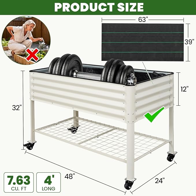 Elevated Raised Garden Bed 2' x 4' - Galvanized Planter Boxes with Legs, Wheels, and Storage Rack, Outdoor Planters for Backyard/Patio/Balcony with Drainage Holes for Vegetables, Flowers, Herbs, White