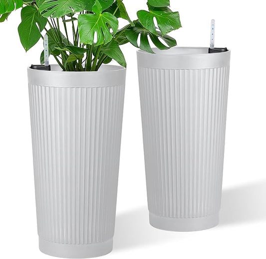 Set of 2 Tall Self-Watering Planters, 24" Large Planters with Water Level Indicator for Indoor & Outdoor Plants, Modern Planters for Garden, Patio, Balcony, Porch, White