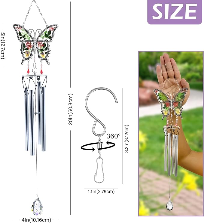 KY&BOSAM Butterfly Wind Chime with Crystal Sympathy Wind Spinner Memorial Wind Chimes for Loss of Loved One Prime Bereavement Sympathy Memorial Gift for Loss of Mother Father Condolence Remembrance