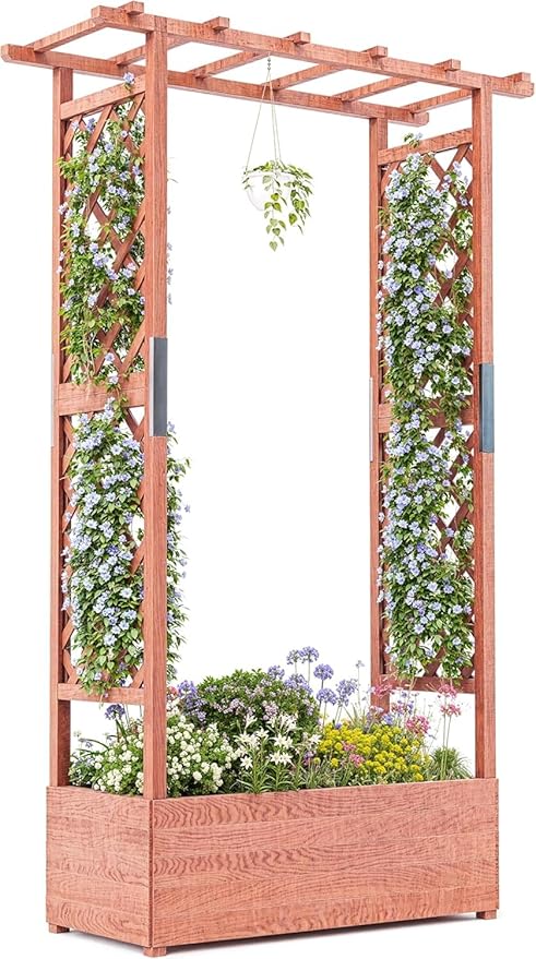 Raised Garden Bed with Trellis and Hanging Roof, Wooden Planter Box with Side Supports and Drainage, Freestanding Elevated Planter for Climbing Plants, Vines, and Flowers, 43x17x72Ft