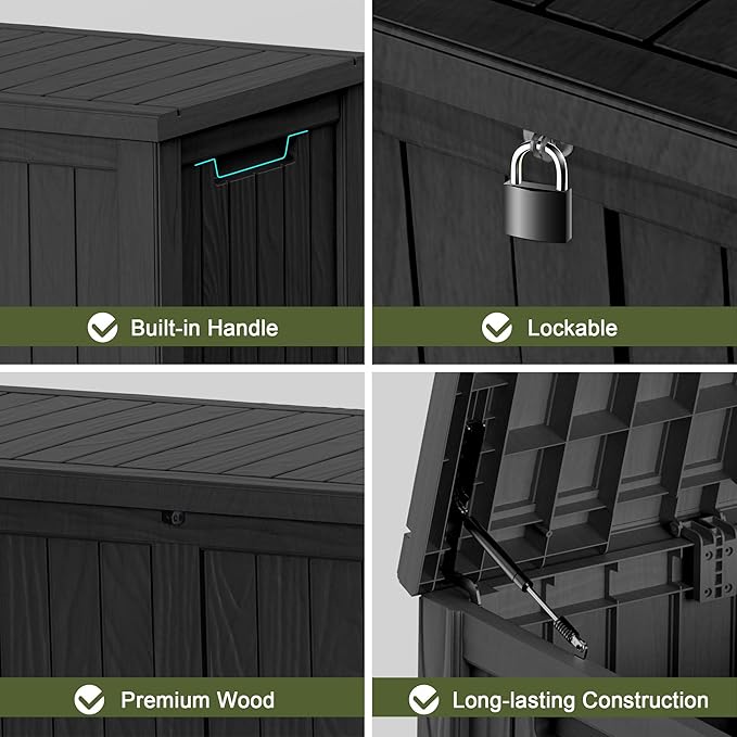 150 Gallon Lockable Resin Outdoor Storage Box, Waterproof & Weather Resistant Deck Box for Patio Cushion, Garden Tools & Pool Accessories, Black