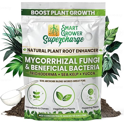 Mycorrhizal Fungi with Beneficial Bacteria, Trichoderma, Sea Kelp, Molasses, Yucca, Smart Grower Supercharge Plant Root Enhancer 4oz Super Concentrate Powder Makes 50 Gallons