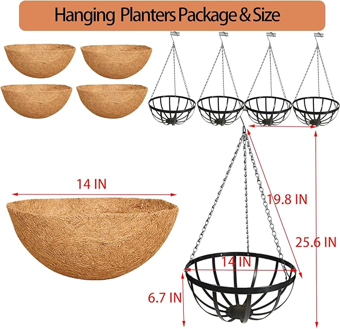 14 Inch Black Flat Iron Metal Hanging Planter Basket with Coco Coir Liner(4 Pack) Hanging Planters for Outdoor Plants Hanging Baskets for Plants Flower Pots for Deck Patio Porch Garden Balcony