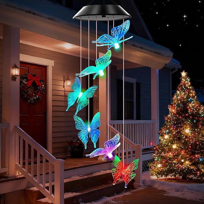 Blue Butterfly Solar Wind Chimes Color Changing Lights Outdoor, Best Gifts for Mom Grandma Women Wife Aunt Daughter Sister, Unique Mobile Wind Chime, Gardening Yard Decorations