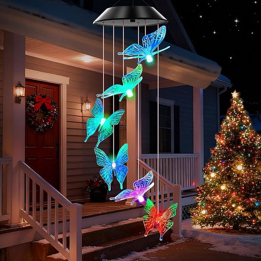 Blue Butterfly Solar Wind Chimes Color Changing Lights Outdoor, Best Gifts for Mom Grandma Women Wife Aunt Daughter Sister, Unique Mobile Wind Chime, Gardening Yard Decorations