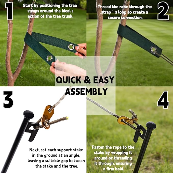 Tree Support Stake Kit with 11.8 Inch Steel Stakes, 13.12 Feet Rope, Straps for Young Trees, Anti-Wind Protection, 3-Piece Set (11.8 Inch 3 Stakes)