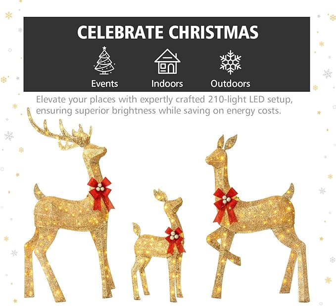Jingle Joy 3-Piece Large Lighted Christmas Deer Family Set 5Ft Outdoor Yard Decoration with 210 LED Lights, Stakes, Zip Ties (Gold)