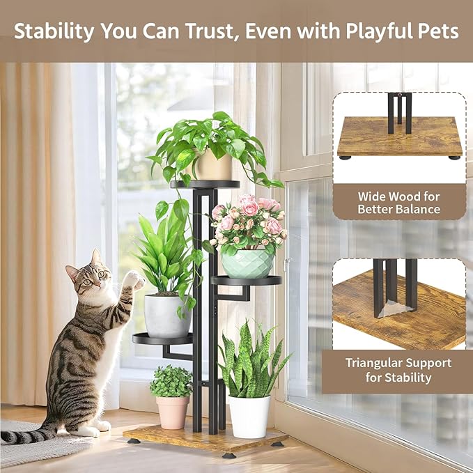 LASZOLA Black 3 Tiered Plant Stand Indoors Heavy Duty Metal Rack, Sturdy Multi Level Shleving Hold Flowers, Larger House Decorate Ladder for Planting Inside Tree Herb Cactus, Wooden Base, Space Saving