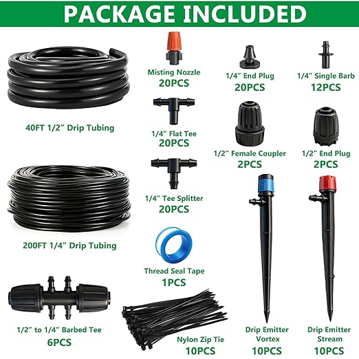 159PCS 240FT Drip Irrigation System Set, Automatic Drip Irrigation Kit for Greenhouse, Yard, Lawn, Plant, with 1/2 inch Hose, 1/4 inch Distribution Tubing and Accessories