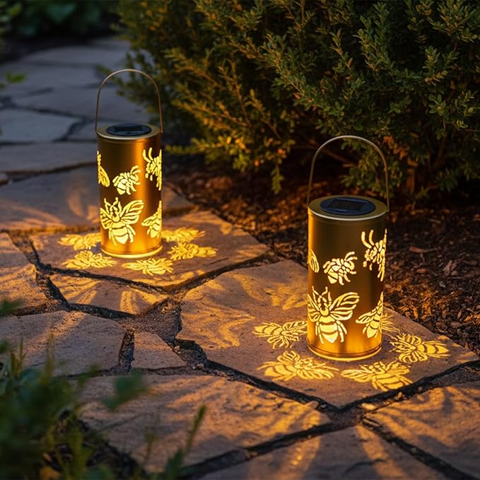 12.8" Large Size 2-Pack Outdoor Solar Lanterns Waterproof Metal Bee Patterns Garden Decor Gifts for Women Mom Grandma Hanging Solar Lanterns for Outside Yard, Patio, Backyard, Porch
