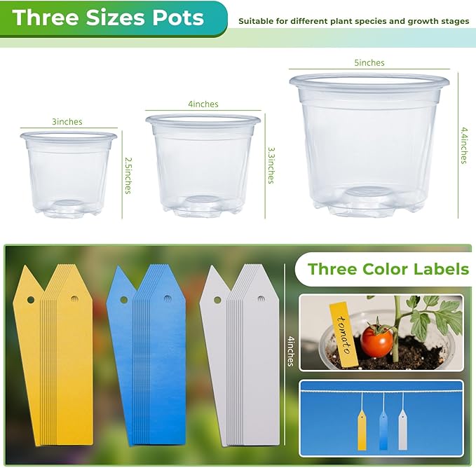 Nursery Pots for Plants, 30 Packs Clear Nursery Pots with Drainage, 3/4/5 Inch Plastic Planter Pots Including 30 Plant Labels in Yellow White Blue (30)