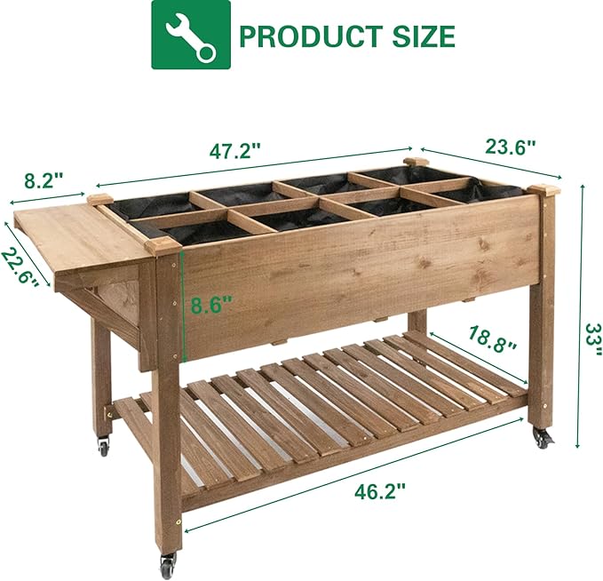 Raised Garden Bed with Wheels, Wood Elevated Garden Box with W-Connection Tabs，for Vegetable, Flower, Herb, Large Storage Shelf, Easy to Assemble, 55.5x24x32in