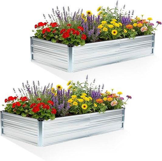 Smug Metal Raised Garden Bed 2pcs Set, 6x3x1ft Outdoor Planter Box,Raised Garden Beds for Planting Plants Vegetables, Flowers, Metal Silver
