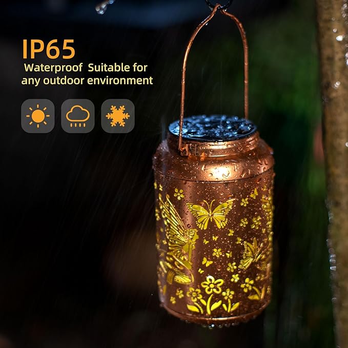 Fairy Solar Lanterns Outdoor Waterproof Hanging Butterfly Lights Birthday Gifts for Women Mom Grandma Hollow Out Metal Lantern Decorative Garden Decor for Patio,Deck,Balcony