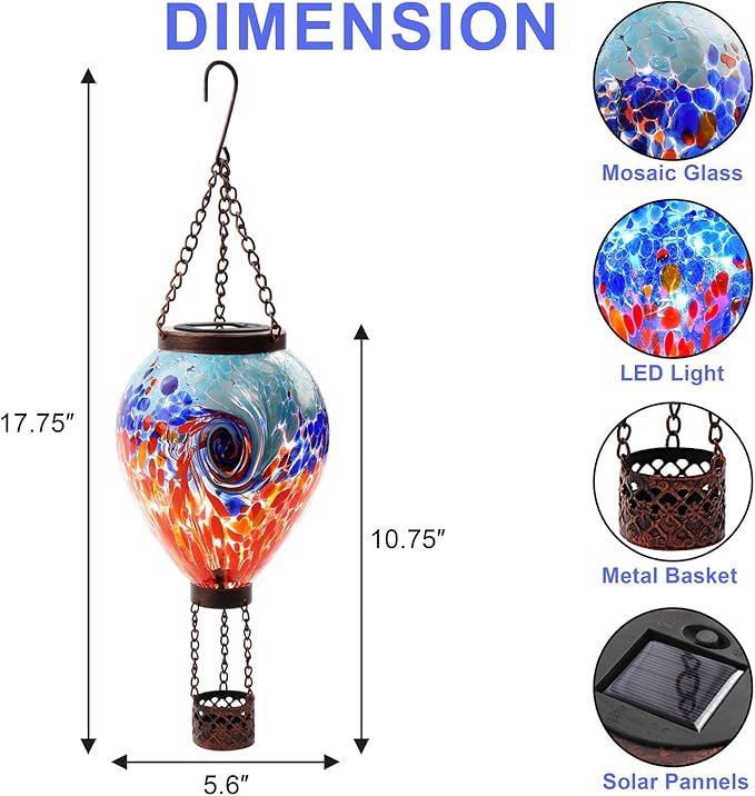 VOREEN Solar Hot Air Balloon Light – Handblown Colored Glass Outdoor Hanging Lantern for Garden, Patio, Balcony Decor – Waterproof, Fade-Resistant LED Light, Gift for Mom Wife Friend, Nature Lovers