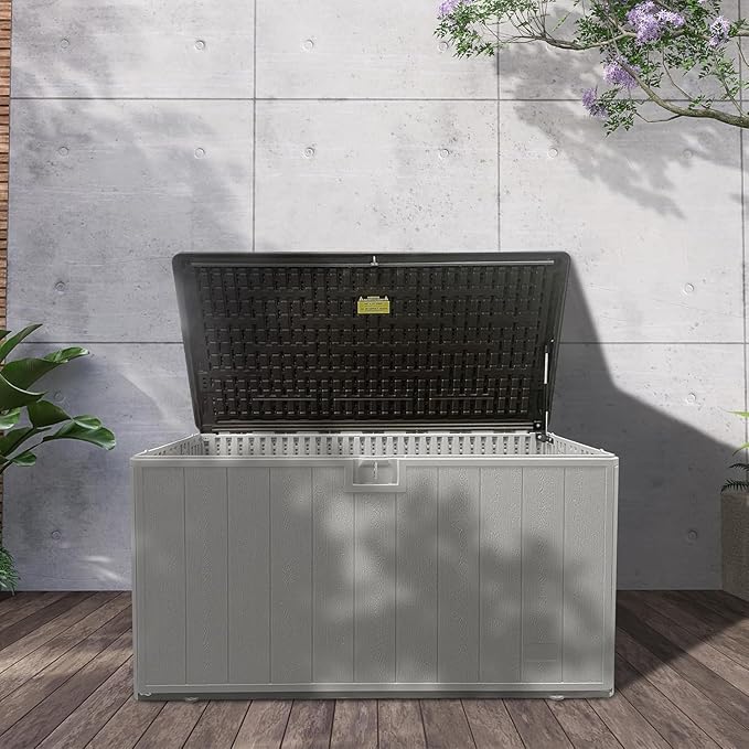 110GAL Deck Box - Grey，Wheeled Footlocker，Waterproof Resin Storage Bin for Patio Cushions