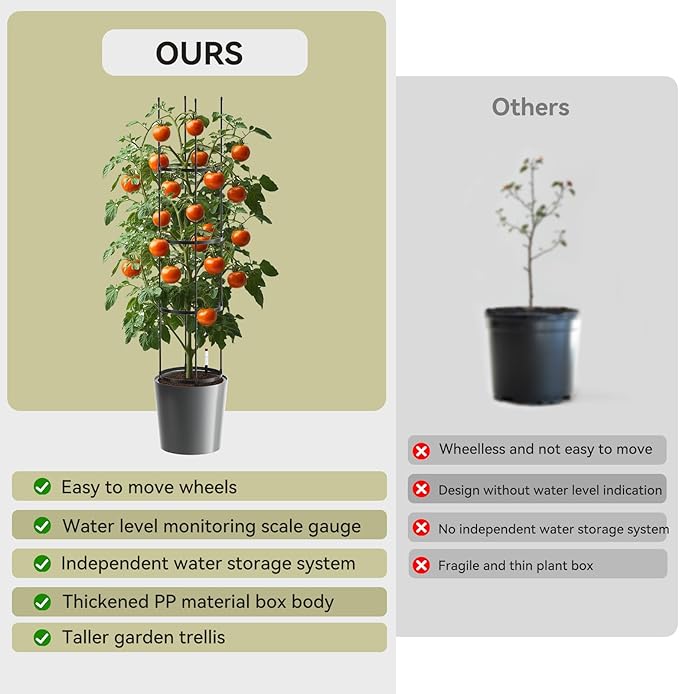 SUNYRISY 2Pack Planter Box with Tomato Cage, Self Watering Tomato Planter Box with Trellis, Raised Garden Bed with Wheels for Climbing Plants Vegetable Vine Flowers Outdoor Patio, Grey