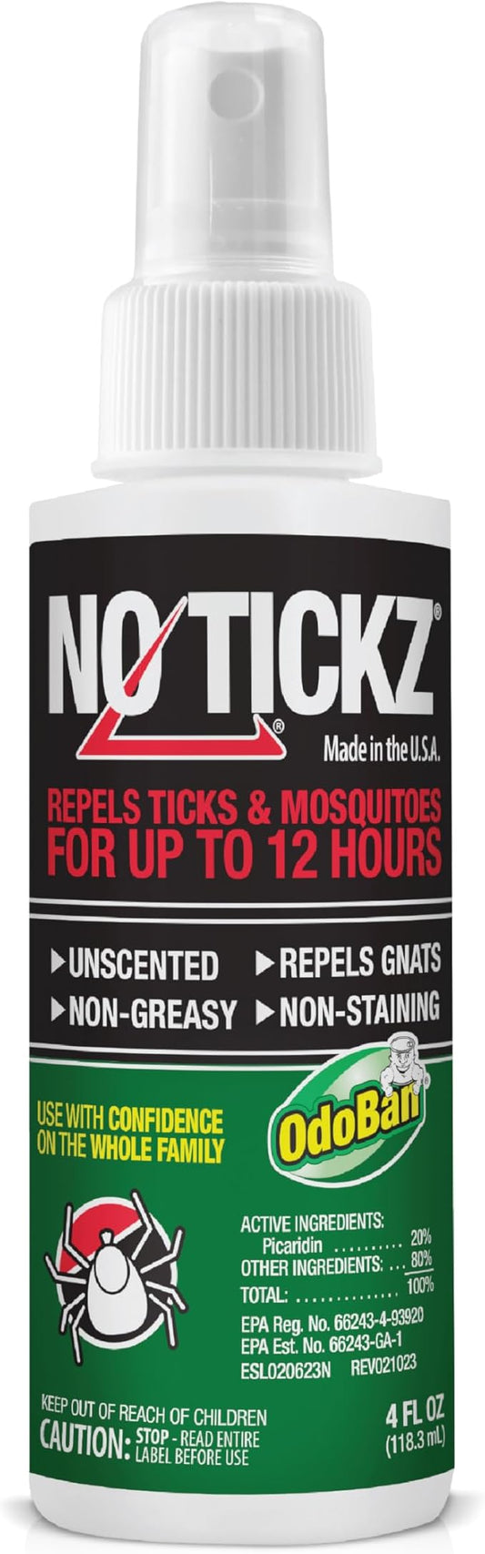 No Tickz Tick Repellent with 20% Picaridin, 12-Hour Protection from Ticks & Mosquitoes, Non-Greasy Formula, Made in the USA, Unscented, 4 Ounce Spray Bottle