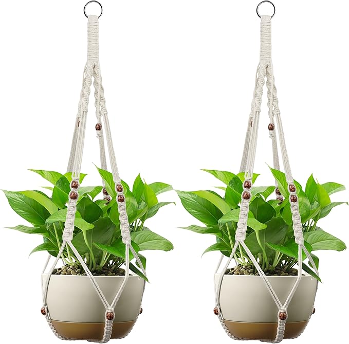USLAI Macrame Plant Holder, 35 Inch, Up to 4-15 inch Pot, Heavy 20lb Planters, Extra Long Strong Hanging Planter Basket, Boho Home Decor, Red Bead, Set of 2 (POTS NOT Included)