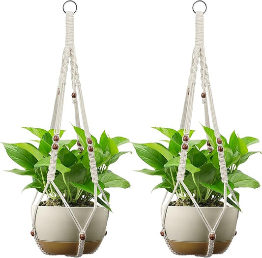 USLAI Macrame Plant Holder, 35 Inch, Up to 4-15 inch Pot, Heavy 20lb Planters, Extra Long Strong Hanging Planter Basket, Boho Home Decor, Red Bead, Set of 2 (POTS NOT Included)