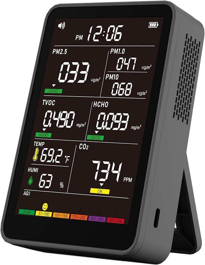 Professional Indoor Air Quality Monitor with AQI, Portable Real-Time Detector for Home Cars Plants and Pets (Black)