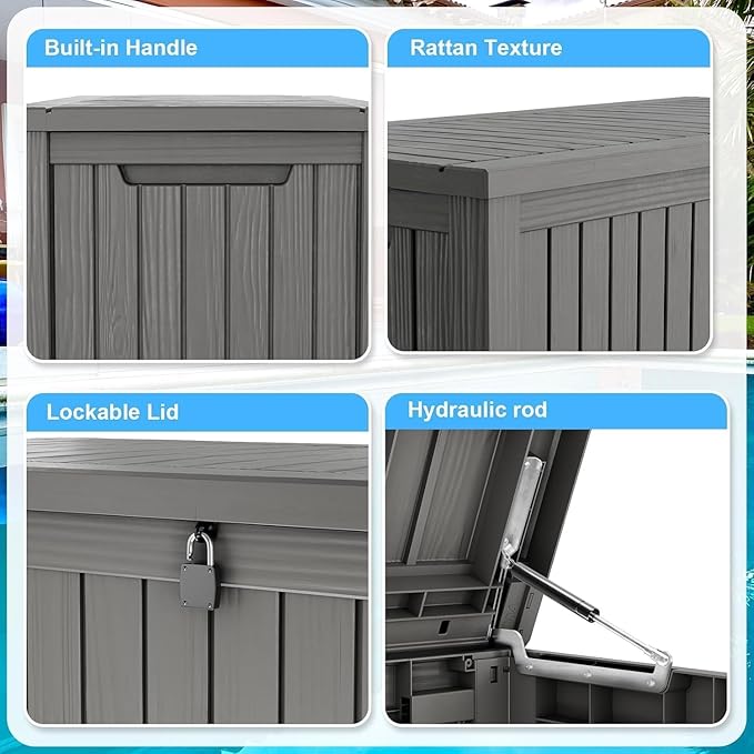 Yardgrace Outdoor Storage Box, 200 Gallon Resin Deck Box for Patio Furniture, Garden Tools and Pool Accessories, Waterproof Lockable UV-Resistant Storage Bin Bench Cabinet for Outside, Grey