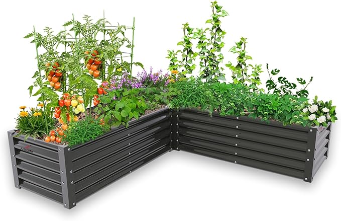 A ANLEOLIFE L-Shaped Galvanized Raised Garden Beds Outdoor,74x74x18in Large Metal Planter Box for Planting Vegetables Flowers Herb, Anti-Rust & Easy-Setup, Quartz Grey