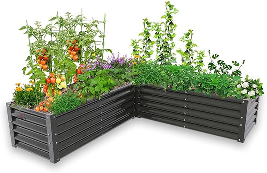 A ANLEOLIFE L-Shaped Galvanized Raised Garden Beds Outdoor,74x74x18in Large Metal Planter Box for Planting Vegetables Flowers Herb, Anti-Rust & Easy-Setup, Quartz Grey