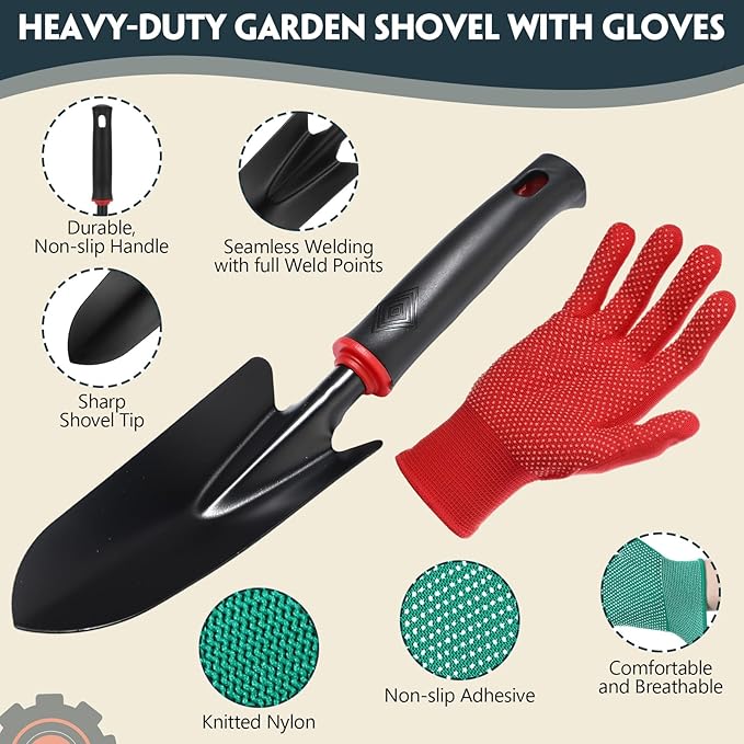 Therwen 12 Pcs Christmas Shovel Gloves Gifts Set with Bag Bow Tie Blank Tags Heavy Duty Garden Hand Shovel Anti-Slip Dots Gloves for Yard Lawn Farm Planting Tool Christmas Spring Planting Lover Gifts