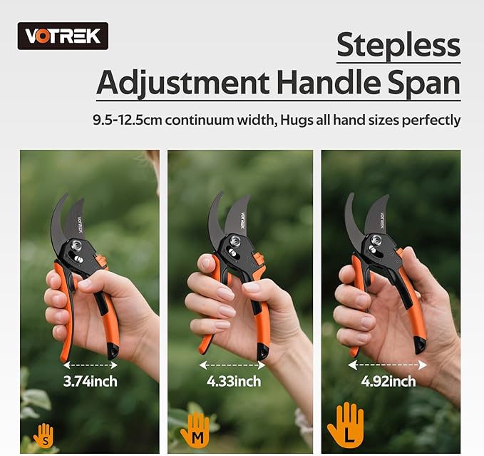 VOTREK Pruning Shears, [Patented Stepless Handle Opening] - Garden Clippers with Ultra-Sharp SK5 Steel for Weak Hand, Pruners Universal Fit for All Hand Sizes, Effortlessly Cuts 1-Inch Branches