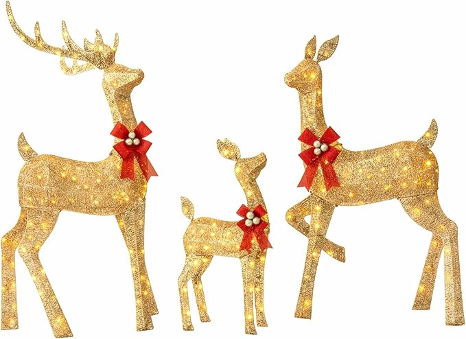 Jingle Joy 3-Piece Large Lighted Christmas Deer Family Set 5Ft Outdoor Yard Decoration with 210 LED Lights, Stakes, Zip Ties (Gold)