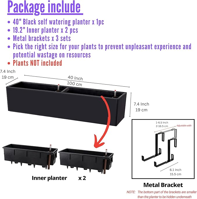 LaLaGreen Rail Planter for Balcony Outdoor (40 Inch, 1 Pack) Large Self Watering System Railing Planters with Brackets, Black Rectangular Window Hanging Flower Boxes Herb Plant Plastic Container Decor