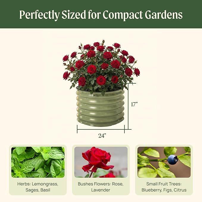 17" Tall Herb Raised Garden Bed for Basil Lavender Sages, 24" Wide Round Fruit Tomato Planter Box for Gardening Blueberries Figs, Flower Metal Pot Container for Rose, Twin Pack, Pearl White