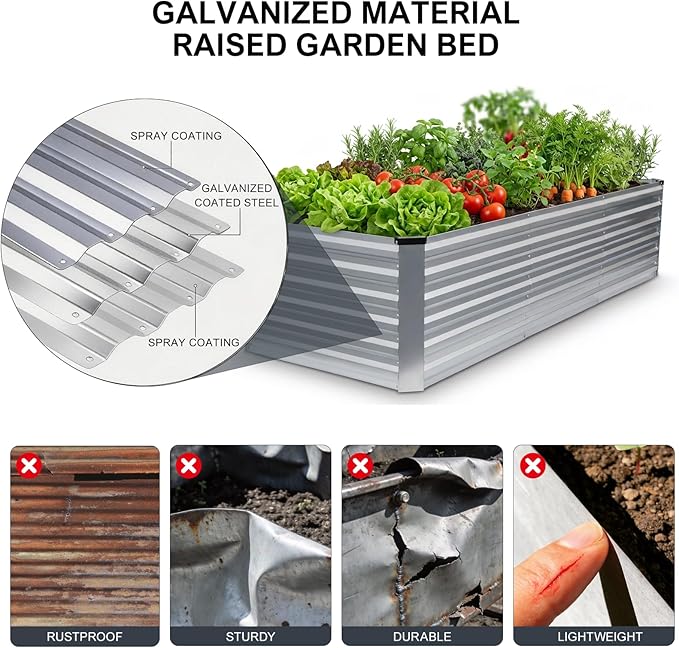 8x3x2FT Galvanized Raised Garden Bed, Outdoor Metal Raised Planter Box for Vegetables, Elevated Rust-Resistant Rectangle Gardening Container Kit with Reinforced Panels for Backyard, Patio(Silver)