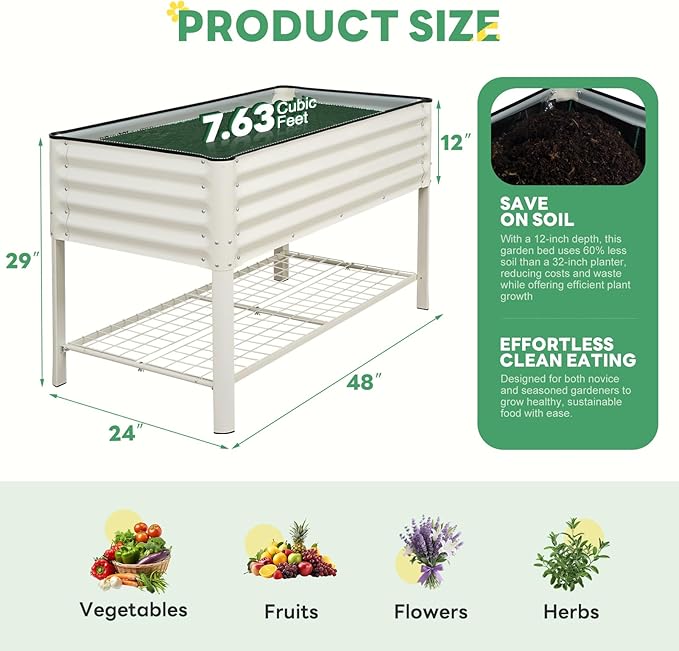 STBoo Elevated Raised Garden Bed with Legs and Wheels- 48''x24''x32'' Galvanized Metal Standing Planter Boxes Outdoor with Bottom Storage Shelf for Backyard, Patio, Balcony, Vegetables, Flowers, White