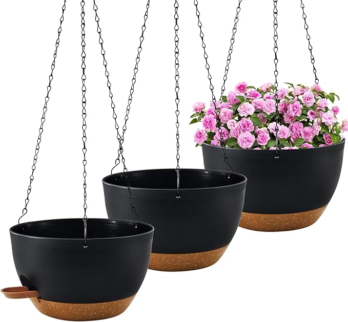 10 inch Hanging Planters for Indoor Plants, 3 Pack Self-Watering Hanging Planter Pots with Chain and Drainage Holes, Outdoor Hanging Baskets for Garden Home Decor (Black With Brown, 3pcs/10inch)