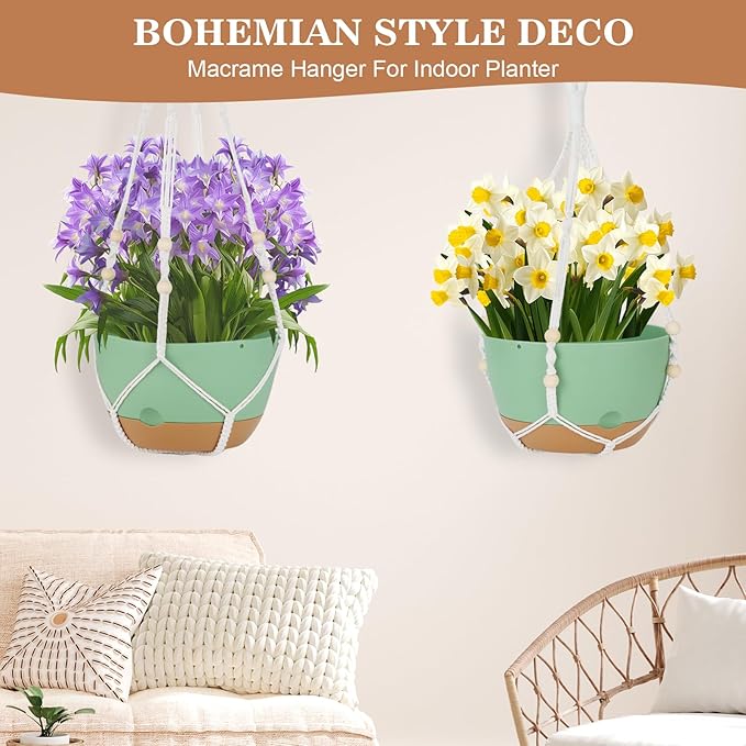 3 Pack Hanging Planters for Indoor Plants, 10 + 10 + 8 Inch Self-Watering Hanging Plant Pot, Macrame Plant Hanger with Pot, Ceiling Hooks, Removable Saucer and Drainage Holes for Garden Home - Green
