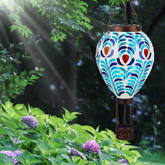 VOREEN Hot Air Balloon Solar Lantern, Handmade Mosaic Solar Outdoor Hanging Wind Light, Waterproof, Patio Festive Decor, Gift for Mom Wife Friend, Peacock Feather Design
