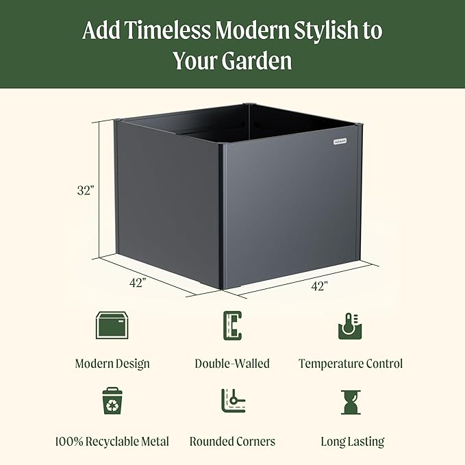Vego garden 32" Extra Tall Raised Garden Bed, 42" x 42" Modern Raised Garden Beds Kit, Metal Planter Box for Vegetables Flowers Fruits, Urban Charcoal