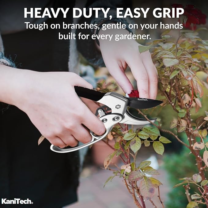 KaniTech Pruning Shears for Gardening with Gloves - Heavy Duty Garden Shears, Aluminum Hand Pruners with TPR Grip Handle, 8 inch 3.55mm Thick Blade - for Branches, Flowers & Plants (Black Set of 2)