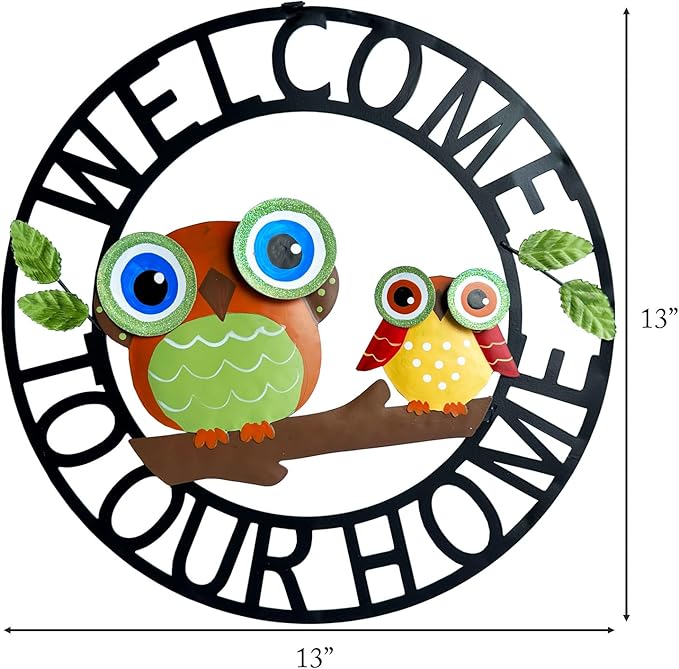 Welcome Owl Metal Door Wreath with Welcome to Our Home Sign, Decorative Outdoor Sign for Home, Garden, Porch or Front Door Wall Decorations