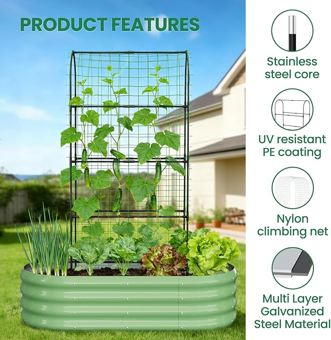 SUNYRISY 2Pack Galvanized Raised Garden Bed with 71in Arch Trellis for Climbing Plants, Outdoor Planter Box with Climbing Net for Gardening Flowers Vegetables Fruits Herbs, Green