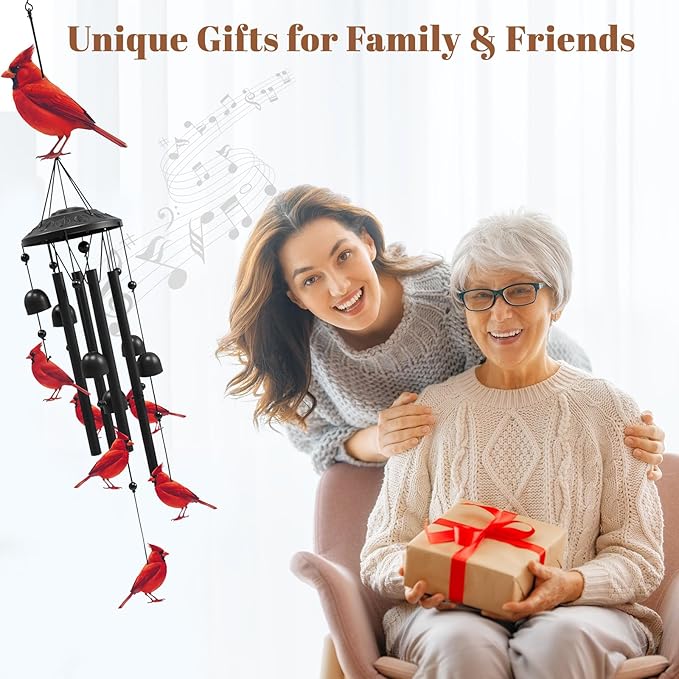 Cardinal Wind Chimes for Outside, Black Metal Windchimes Outdoors, Cardinals Gifts for Women/Men, Garden/Yard Decor, Memorial/Birthday Gifts for Grandma/Mom, Durable Chimes for Outdoors