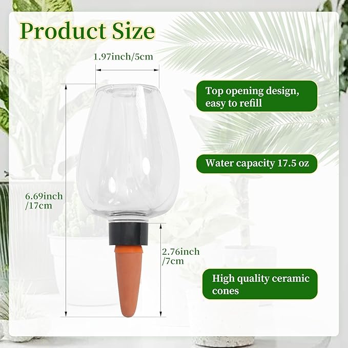6pack Plant Self Watering Globes, Plastic Water Bulbs Top Fill, 12.3 oz Plant Watering Devices System Slow Release Terracotta, Water Spikes Stakes for Indoor (Clear-6pack)