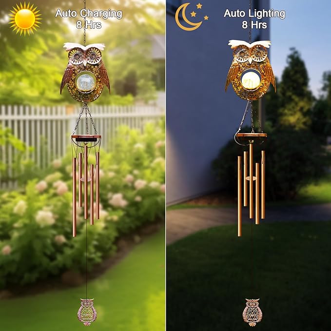 Wind Chimes Outdoor Indoor Decor: Valentines Day Gifts for Her Wife Women Mom Grandma Birthday - Outside Lights for Garden Yard Patio Porch (Owl)