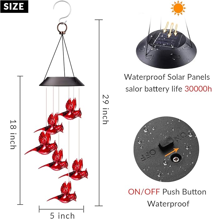 Solar Wind Chimes Cardinal Bird,Solar Cardinal Red Bird Wind Chime Light, with 6 Vivid Hummingbirds Multicolor Led Light，Holidays, Courtyards, Decorations As Gifts… (Cardinal)