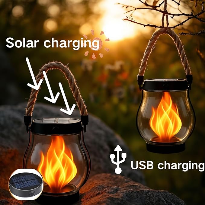 Solar Lantern Outdoor Lights, Flickering LED with Hemp Rope Handle, Dual Charging (Solar & USB), Water-Resistant Hanging Decor for Garden, Yard, Patio, Porch, Pathway, Camping (1)