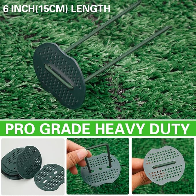 Bakulyor 200pcs Green Artificial Turf Stakes Staples + 200pcs Buffer Washer, 6 Inch 11 Gauge Landscape Staples, Galvanized Lawn Spikes, Heavy Duty Yard Ground Pin for Grass Weed Barrier Sod Fabric