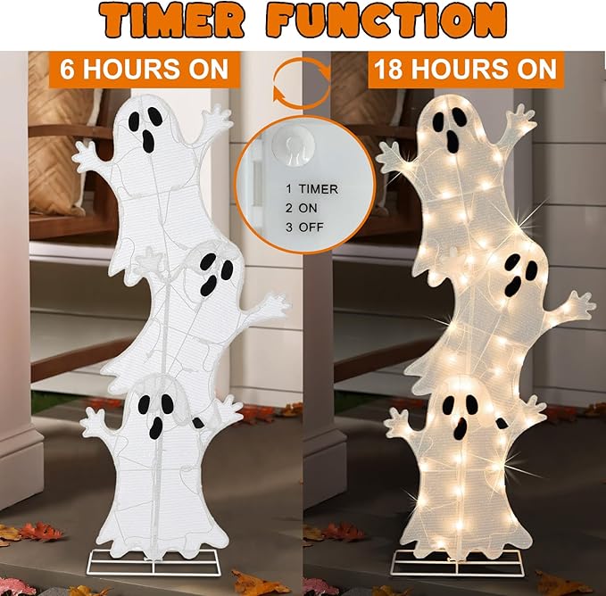 Halloween Lighted 3 Stacked Ghosts, 42’’ H Pre-Lit Lighted Ghosts with 50 Warm White Lights, Light Up Halloween Ghost Decoration for Indoor, Outdoor, Porch, Yard, Holiday Decor